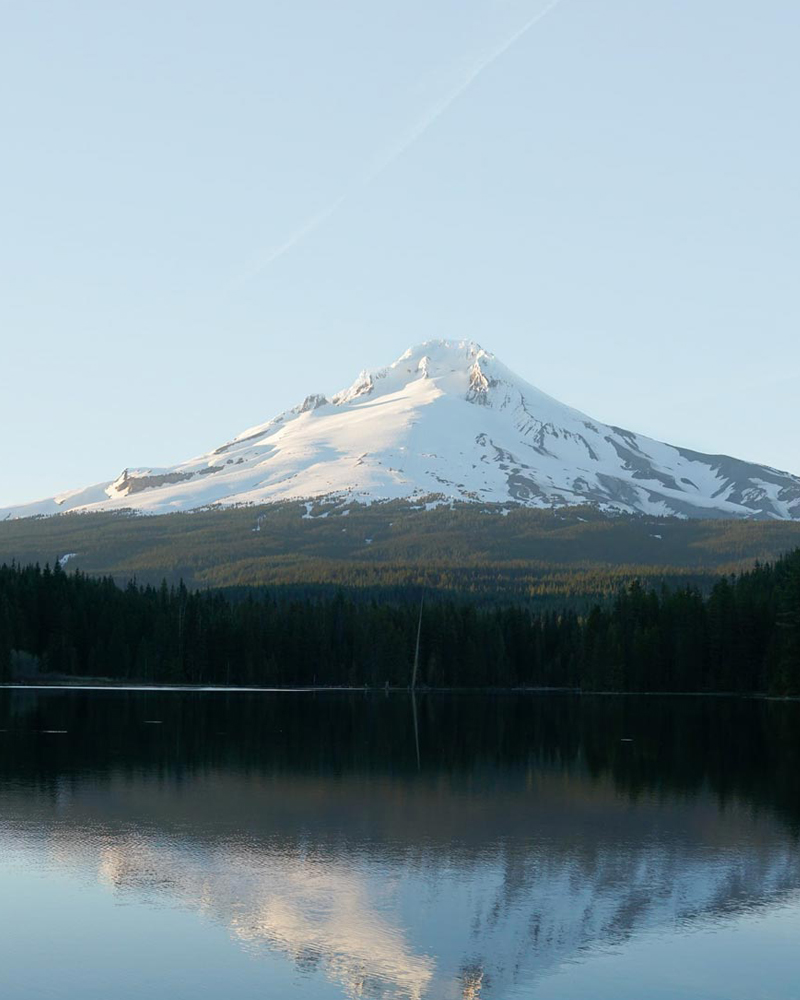 A mountain centered with a line of trees between the mountain and a lake