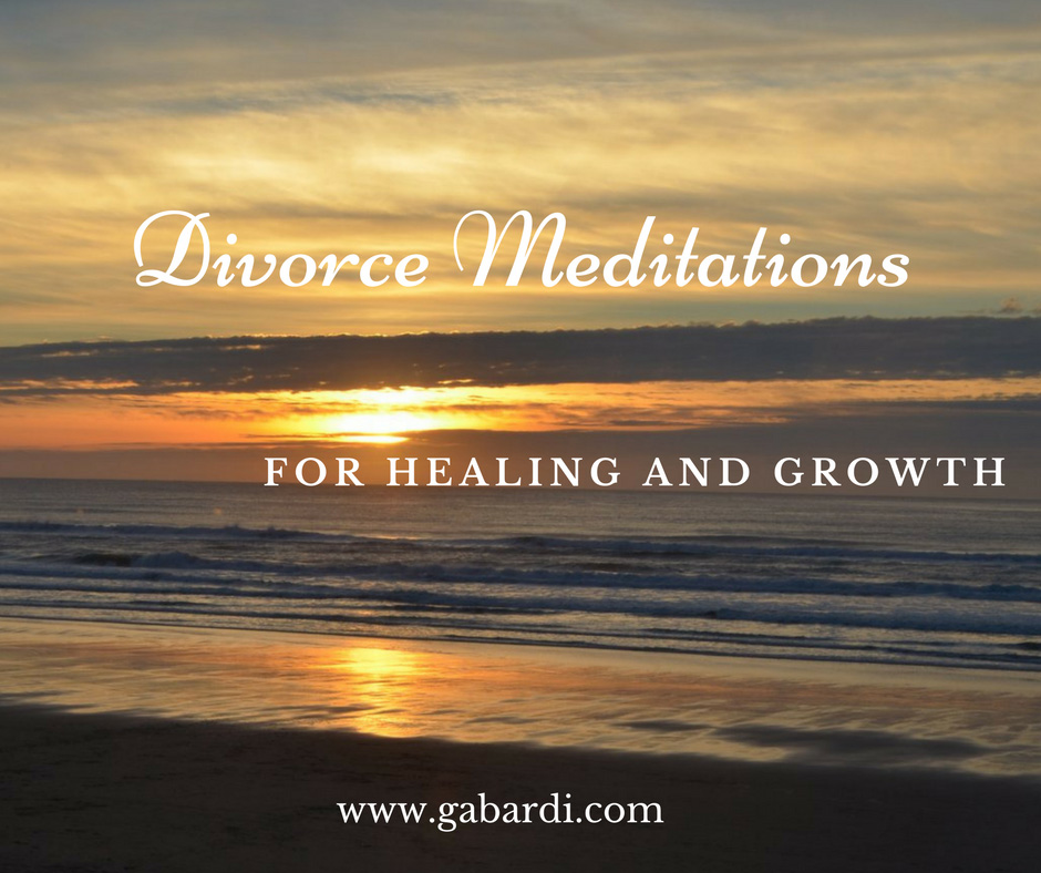 Divorce meditations for healing and growth text overlayed on a beach at sunset